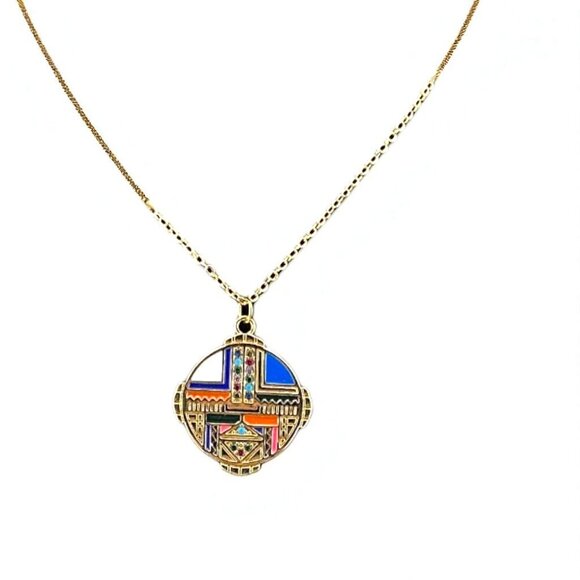 18KT Gold Filled CZ Micro Pave Enamel Medallion Necklace Shield Necklace - Picture 1 of 10